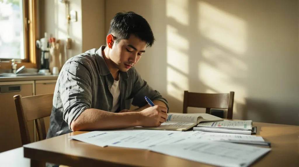 Homem nikkei brasileiro estudando material de trânsito japonês em casa com CNH brasileira e documentos sobre a mesa