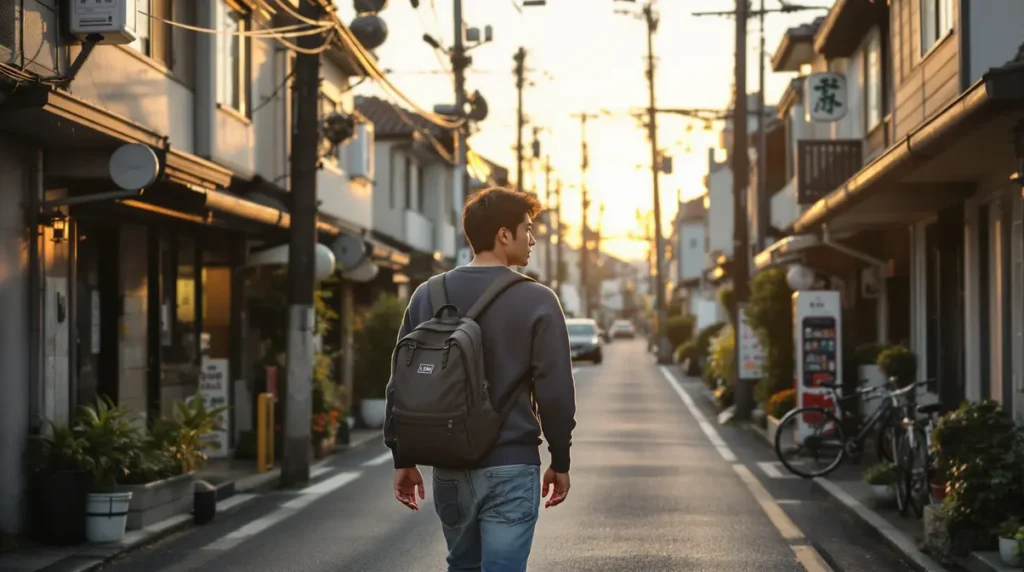 Jovem brasileiro nikkei caminhando em rua residencial japonesa durante o entardecer, observando o ambiente urbano ao redor