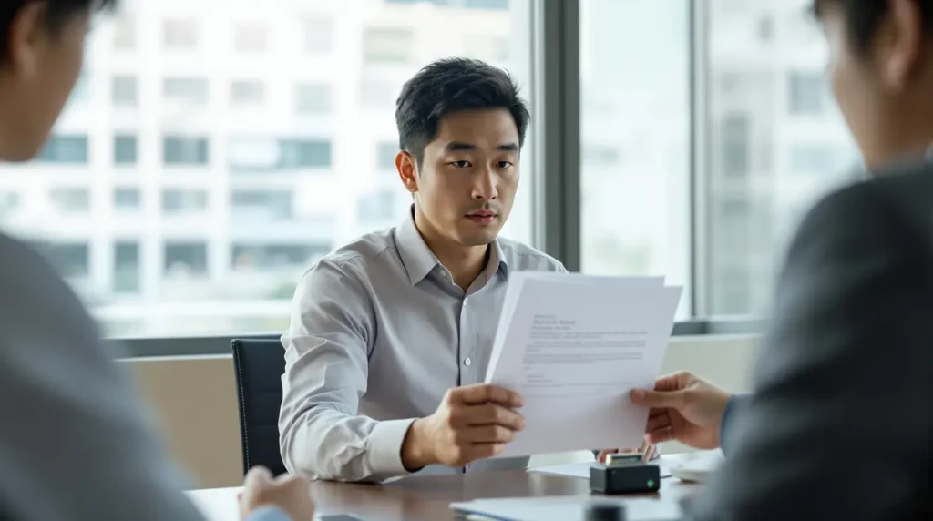 Homem nikkei de 30 anos recebendo documentos de rescisão de contrato em escritório japonês