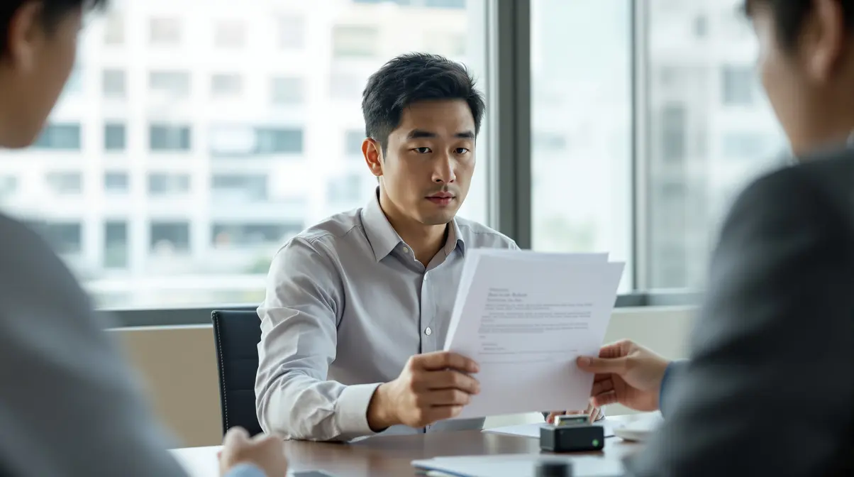 Homem nikkei de 30 anos recebendo documentos de rescisão de contrato em escritório japonês