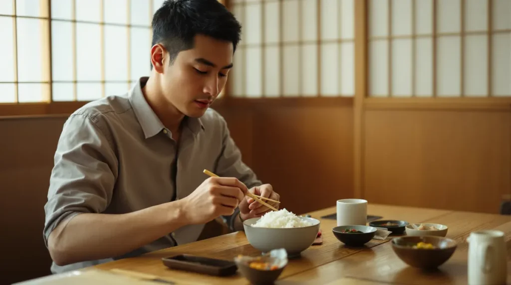 Jovem nikkei brasileiro aprendendo etiqueta japonesa com hashis em restaurante tradicional no Japão