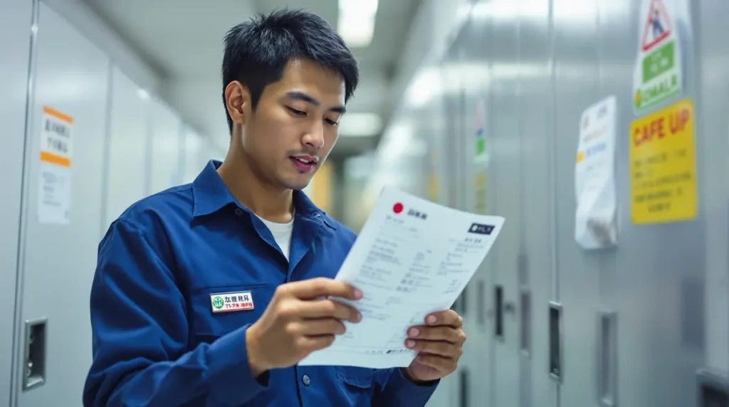 Trabalhador nikkei brasileiro em uniforme de fábrica conferindo holerite japonês impresso em área de vestiário