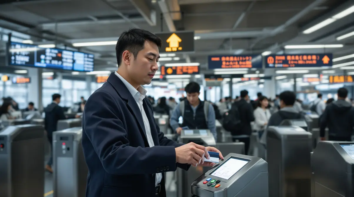 Homem nikkei de 30 anos usando commuter pass na catraca de estação de trem no Japão durante horário de pico matinal
