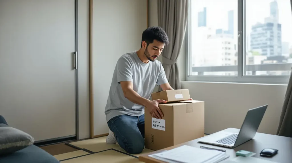 Trabalhador nikkei brasileiro de 30 anos organizando caixas de mudança em apartamento japonês, preparando transferência interna para nova cidade