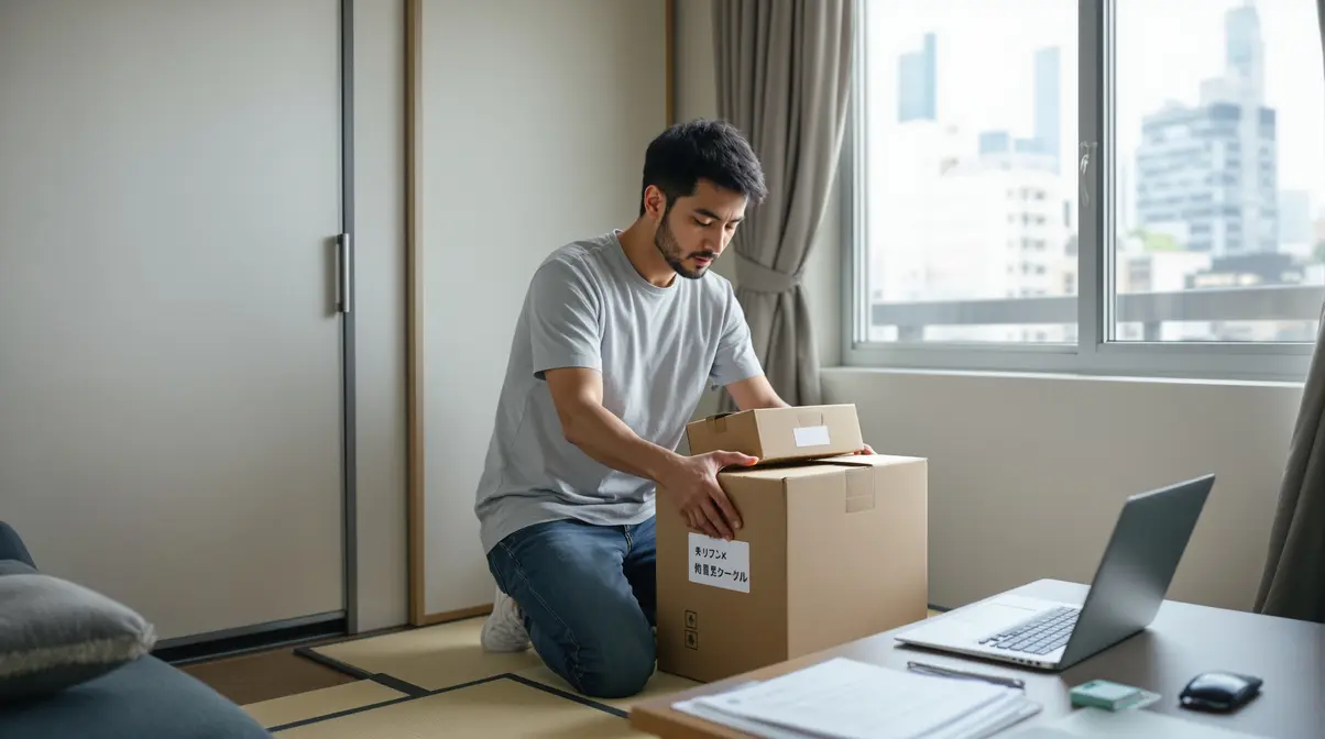 Trabalhador nikkei brasileiro de 30 anos organizando caixas de mudança em apartamento japonês, preparando transferência interna para nova cidade