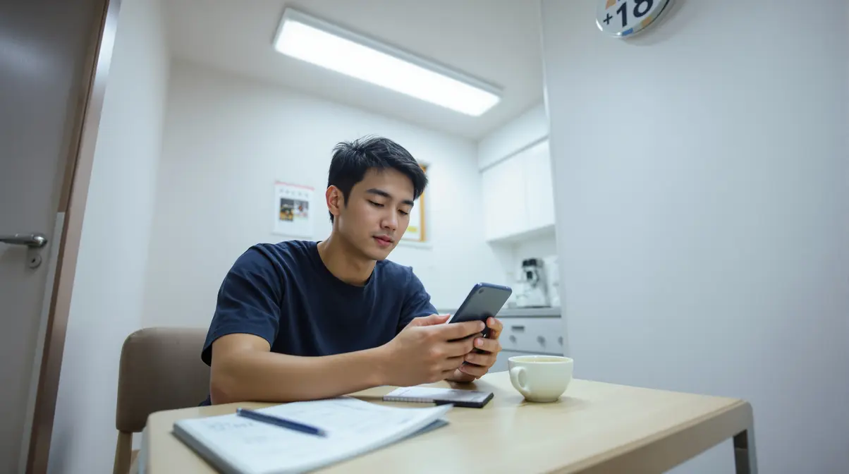 Jovem nikkei brasileiro conferindo holerite japonês no celular em ambiente de moradia no Japão