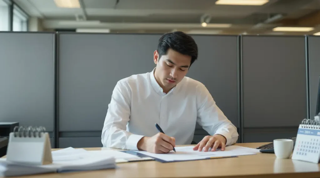 Homem nikkei brasileiro em escritório japonês preenchendo formulário de licença não remunerada