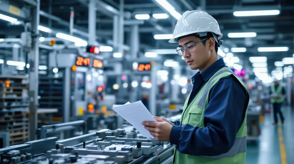Trabalhador brasileiro descendente de japoneses com equipamento de segurança em linha de produção de fábrica japonesa durante turno noturno