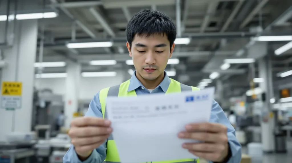 Trabalhador brasileiro descendente de japonês em uniforme de fábrica segurando e analisando holerite japonês em ambiente industrial