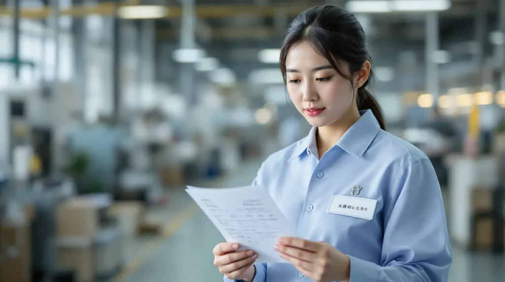 Mulher nikkei brasileira de 28 anos conferindo contracheque em ambiente de fábrica japonesa