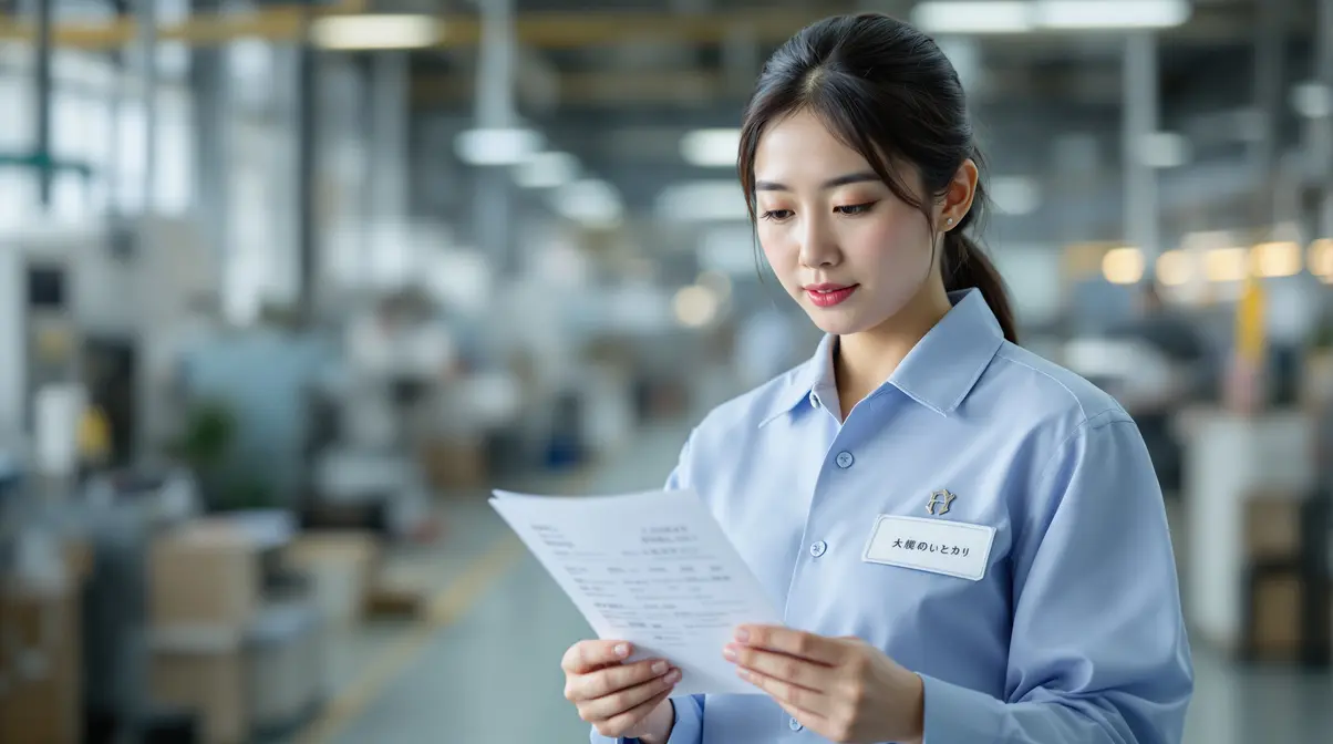 Mulher nikkei brasileira de 28 anos conferindo contracheque em ambiente de fábrica japonesa