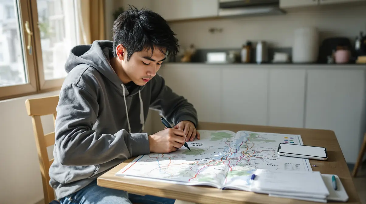Homem nikkei brasileiro analisando mapa das províncias de Ibaraki e Tochigi no Japão