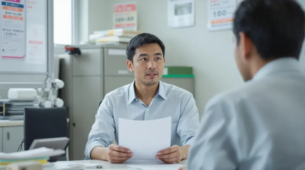 Homem nikkei brasileiro de 32 anos conversando com supervisor em escritório de empreiteira no Japão sobre transferência de emprego