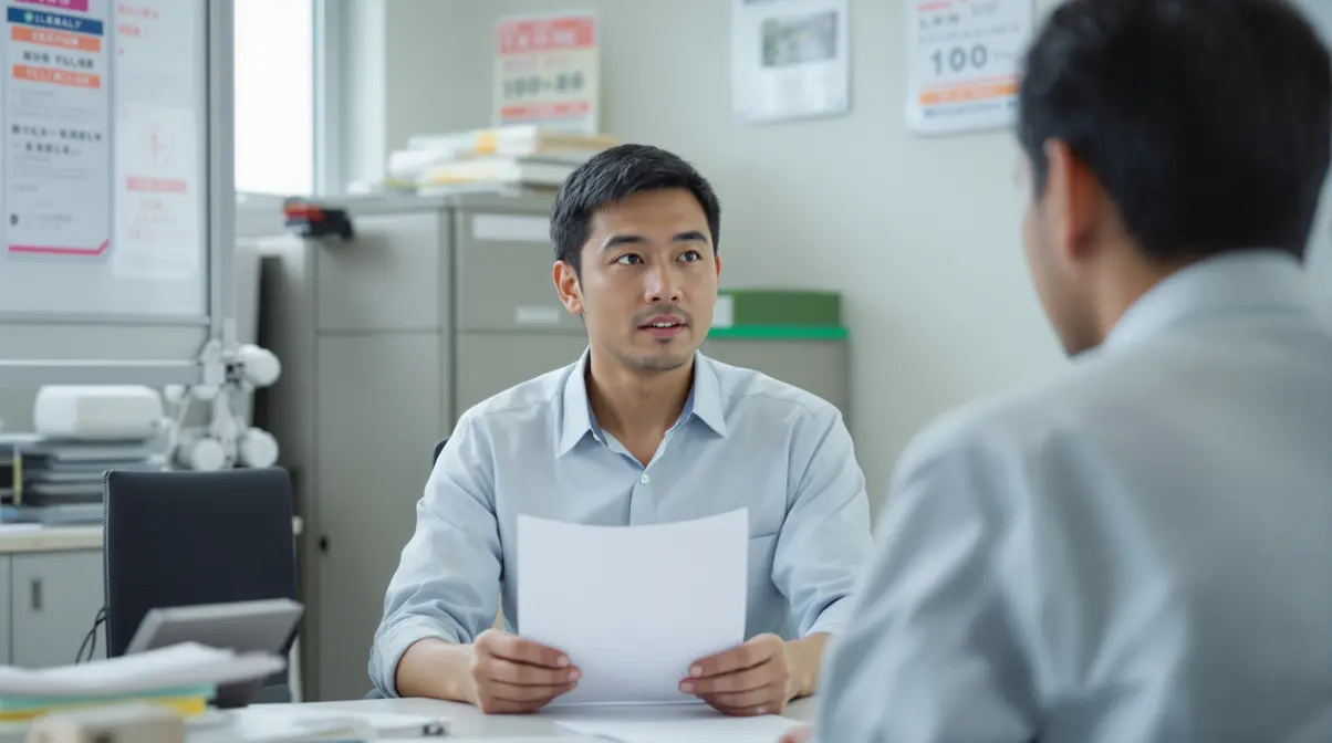 Homem nikkei brasileiro de 32 anos conversando com supervisor em escritório de empreiteira no Japão sobre transferência de emprego