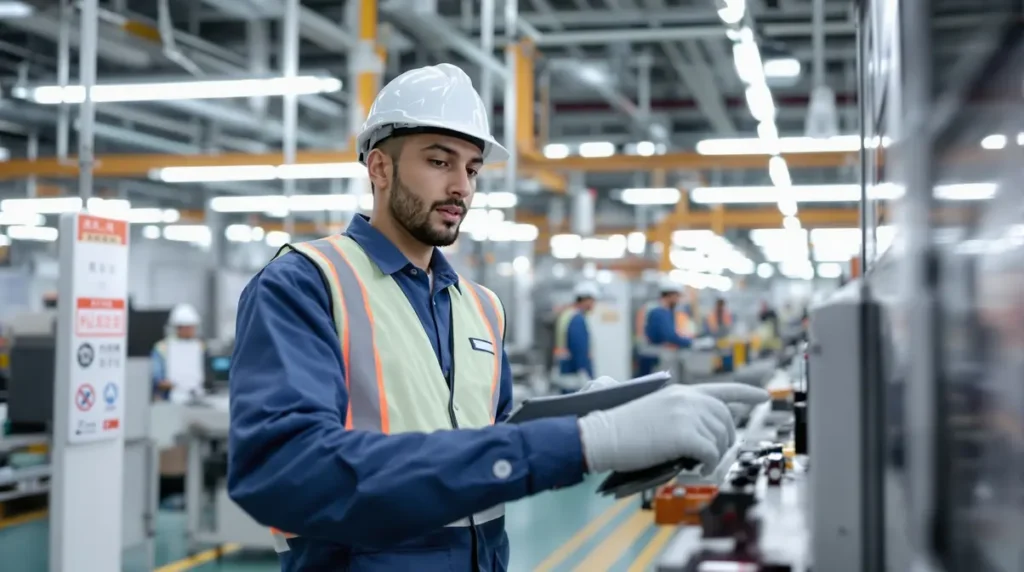 Funcionário nikkei brasileiro durante treinamento inicial em fábrica no Japão recebendo orientação de supervisor