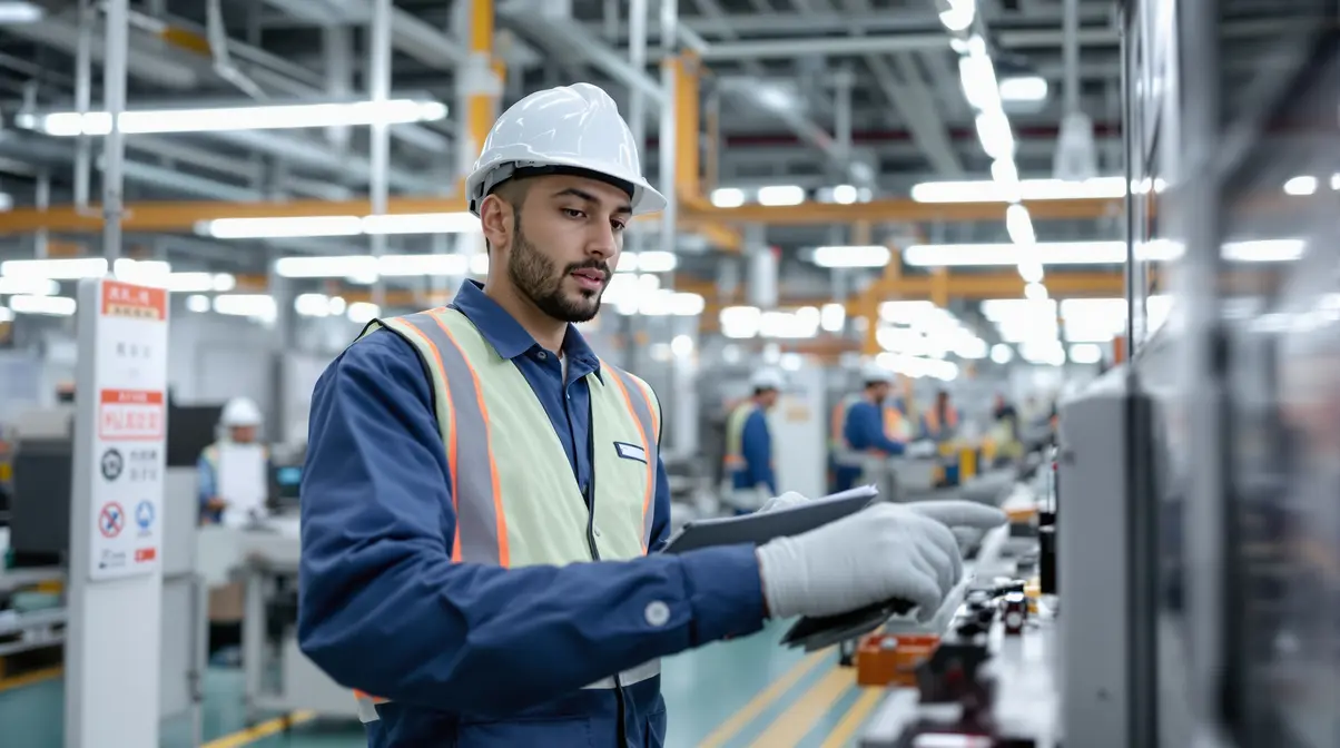 Funcionário nikkei brasileiro durante treinamento inicial em fábrica no Japão recebendo orientação de supervisor