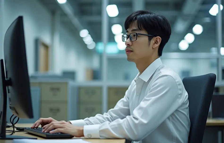 Profissional nikkei realizando apoio administrativo em ambiente industrial moderno em Asaka, Saitama