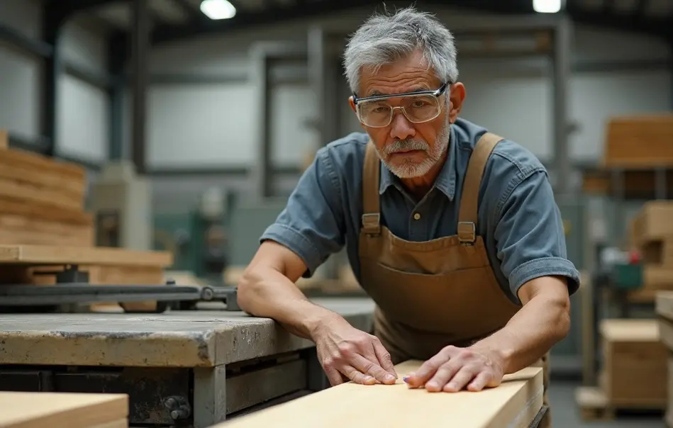 Operador nikkei realizando beneficiamento de madeira industrial em fábrica moderna em Bando, Ibaraki