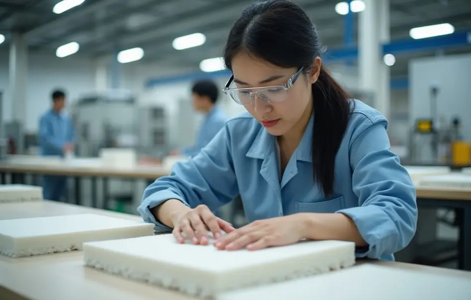 Mulher nikkei inspecionando e cortando rebarbas de peças de espuma em fábrica moderna em Obu, Aichi