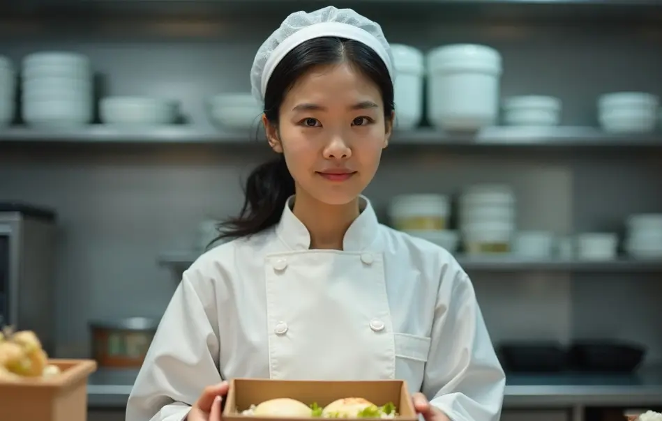 Profissional nikkei preparando marmitas em cozinha industrial moderna em Yachiyo, Chiba, Japão