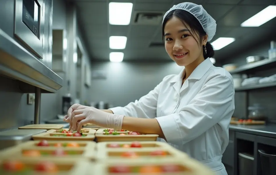 Trabalhadora brasileira descendente preparando marmitas em indústria alimentícia em Kasuya, Fukuoka