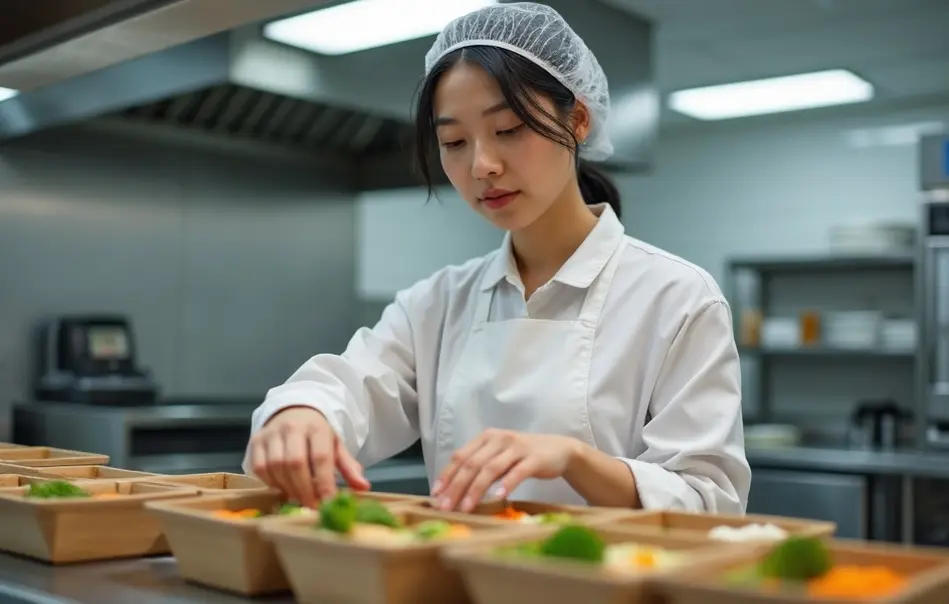 Profissional em cozinha industrial montando marmitas em Koriyama, Fukushima