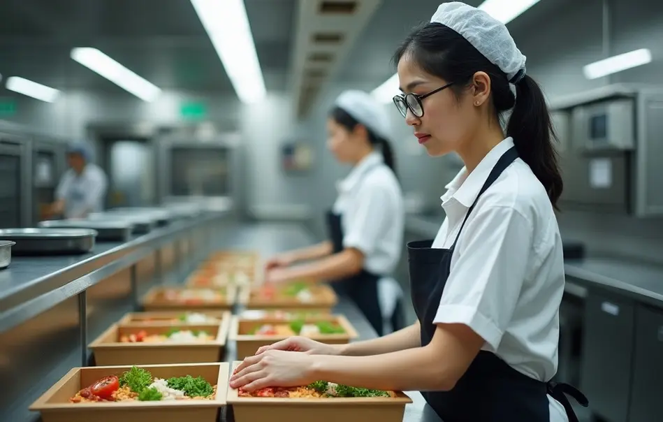 Trabalhadora preparando marmitas em cozinha industrial em Takasaki, Gunma