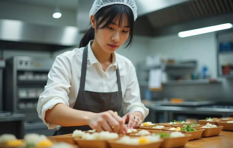 Profissional feminina nikkei trabalhando em cozinha industrial e montagem de marmitas em Kobe, Hyogo