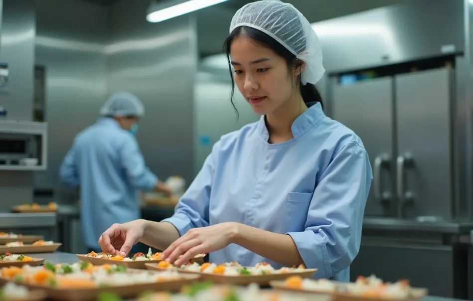 Mulher brasileira nikkei trabalhando em cozinha industrial montando marmitas em Atsugi, Kanagawa
