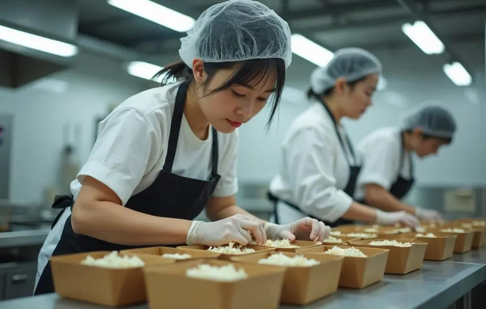 Profissional montando marmitas em cozinha industrial em Yokohama, Kanagawa