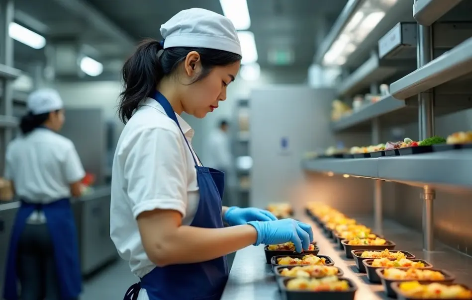 Trabalhadora nikkei montando marmitas em cozinha industrial em Yawata, Kyoto