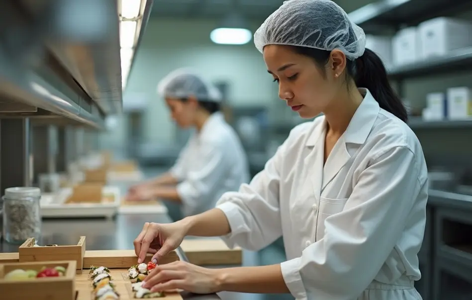 Profissional dekassegui preparando marmitas em indústria alimentícia em Urayasu, Okinawa