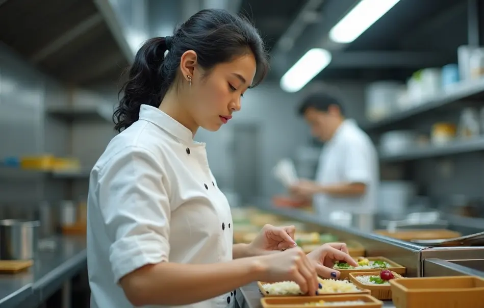 Mulher nikkei preparando marmitas em cozinha industrial moderna em Osaka, Japão