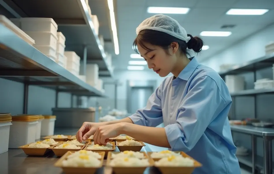 Mulher nikkei montando marmitas em cozinha industrial em Fukuroi, Shizuoka