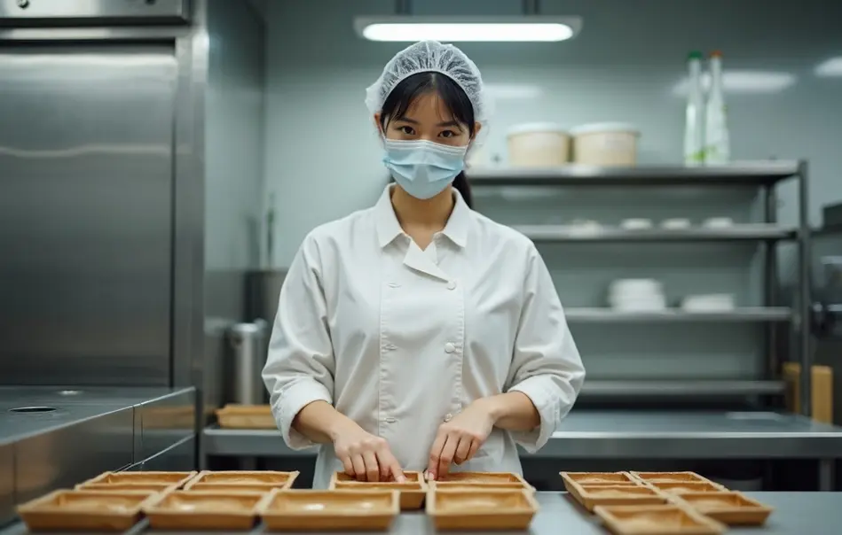 Profissional nikkei montando marmitas em cozinha industrial em Shizuoka, Japão