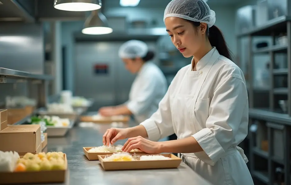 Mulher nikkei preparando marmitas em cozinha industrial moderna em Ashikaga, Tochigi
