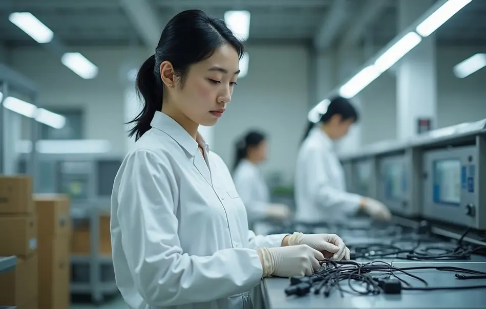 Profissional nikkei organizando cabos elétricos em fábrica de eletrônicos em Numazu, província de Shizuoka
