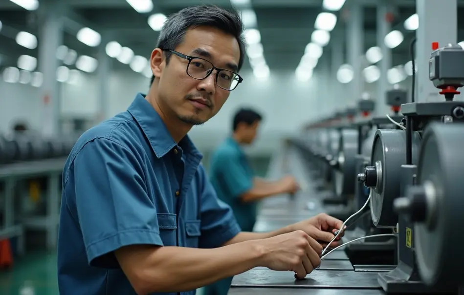 Trabalhador nikkei operando máquina de enrolamento de cabos elétricos em fábrica de autopeças em Numazu, Shizuoka