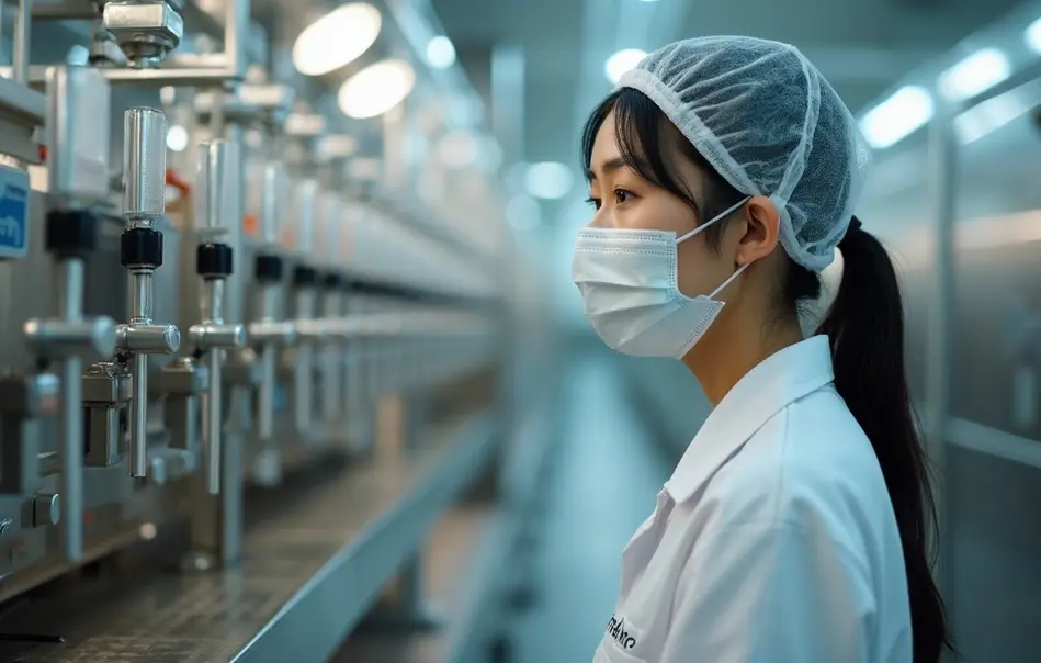 Mulher nikkei operando linha de envase de bebidas em fábrica alimentícia moderna em Saitama, Japão