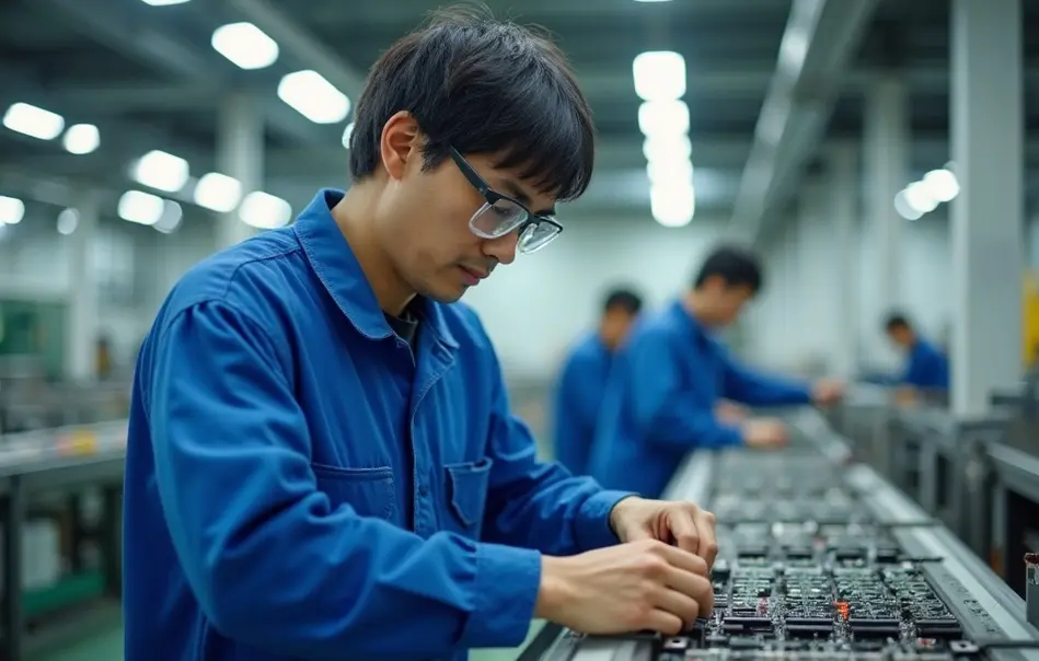 Trabalhador montando ar condicionado em fábrica de eletrônicos em Kusatsu, província de Shiga