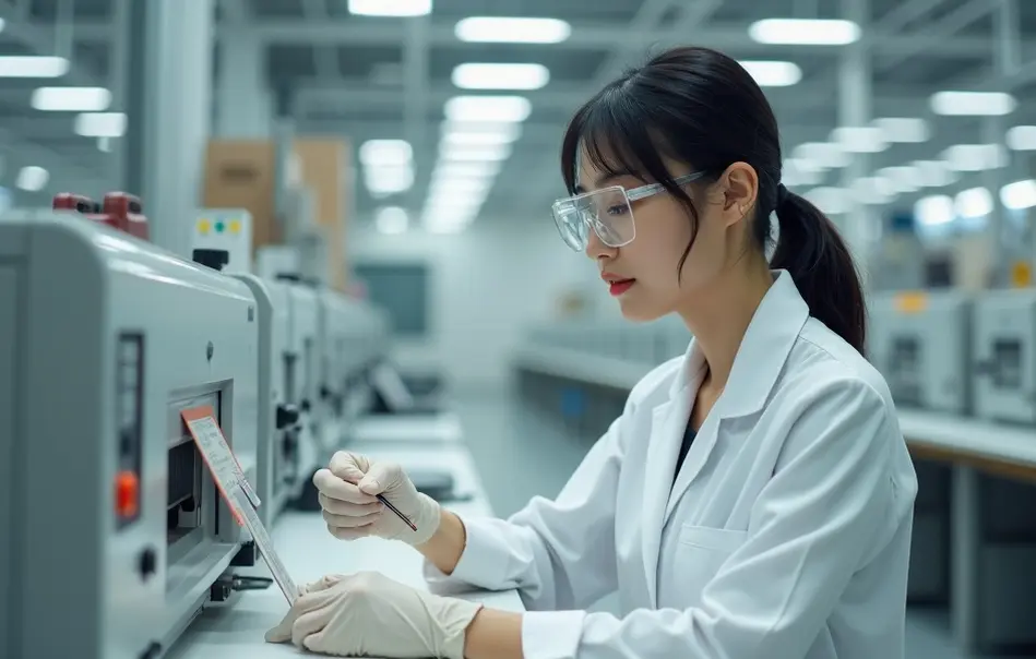 Mulher operando equipamento de fabricação de cartões magnéticos em fábrica moderna em Ranzan, Saitama