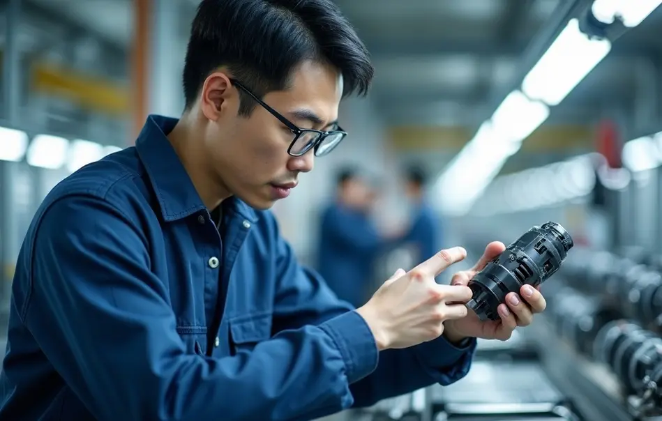 Trabalhador nikkei inspecionando componentes de airbag em fábrica automotiva em Seki, Gifu
