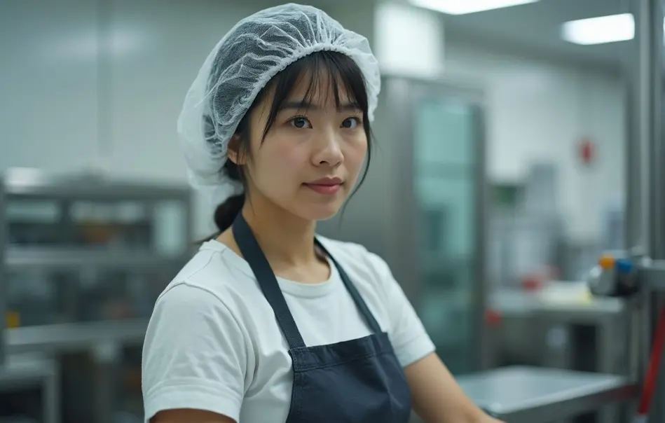 Mulher nikkei operando máquina de embalagens plásticas em fábrica de alimentos em Meiwa, Gunma, Japão
