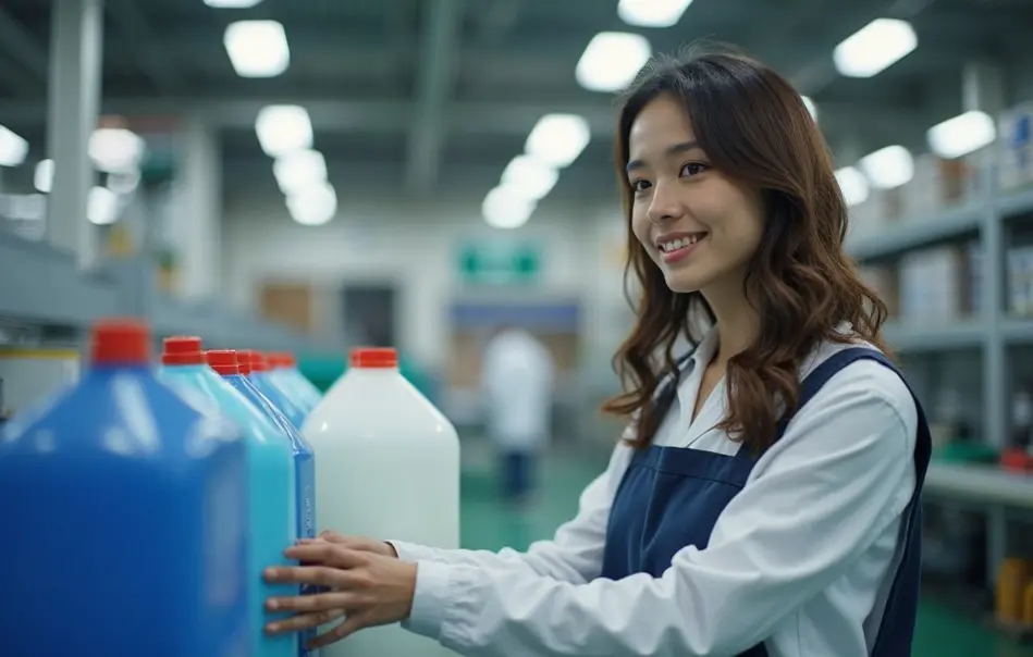 Trabalhadora inspecionando recipientes industriais em fábrica de galões em Anpachi, Gifu