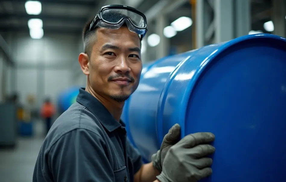Trabalhador operando máquina de moldagem de tambores industriais em fábrica de plásticos em Ikeda, Gifu
