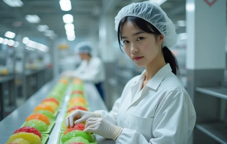 Operadora nikkei inspecionando produção de gelatinas em fábrica alimentícia moderna em Nagoya, Aichi