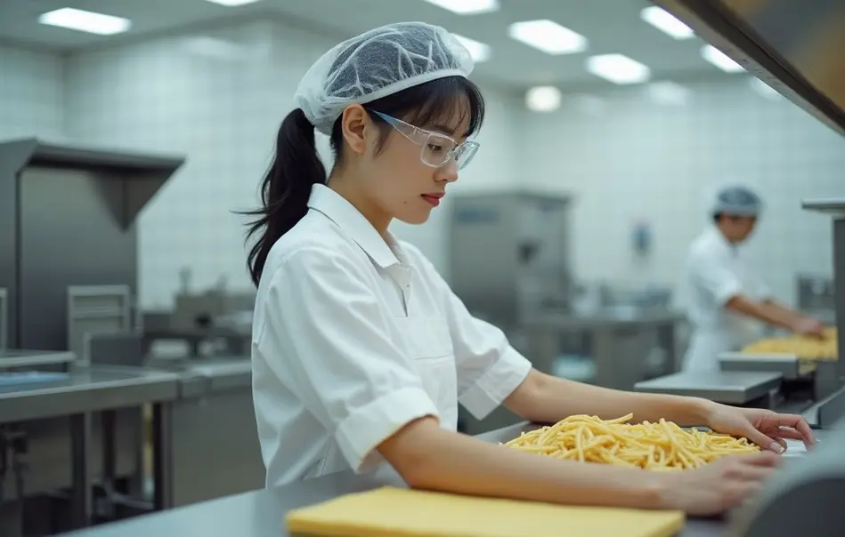 Profissional em linha de produção de macarrão na indústria alimentícia de Izumi, Kagoshima