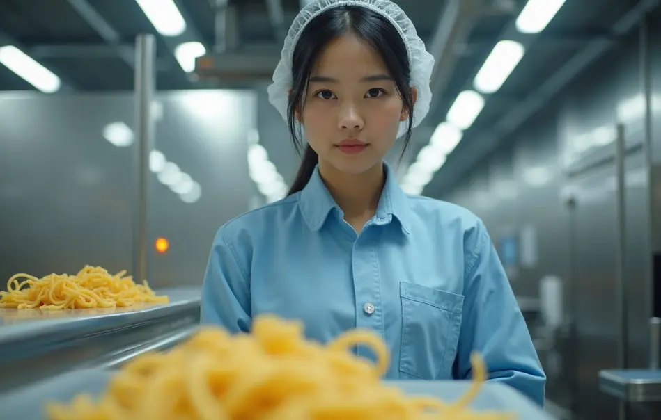 Operadora nikkei inspeciona linha de produção de macarrão em fábrica moderna em Kuwana, província de Mie