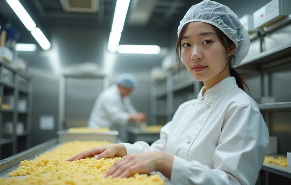 Trabalhadora nikkei fabricando macarrão artesanal em indústria alimentícia moderna em Hachiouji, Tokyo