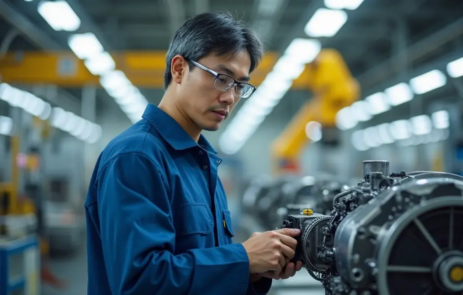 Trabalhador nikkei inspecionando motor híbrido em fábrica automotiva em Toyota, Aichi